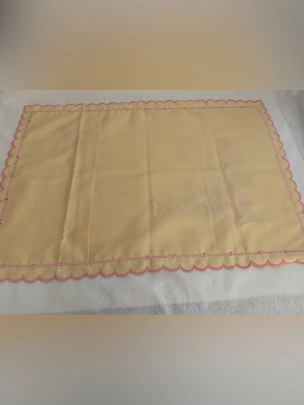 Ivory Pink & Green Floral Embroidered Pillowcase, Scalloped Edge, 33x 23 VTG